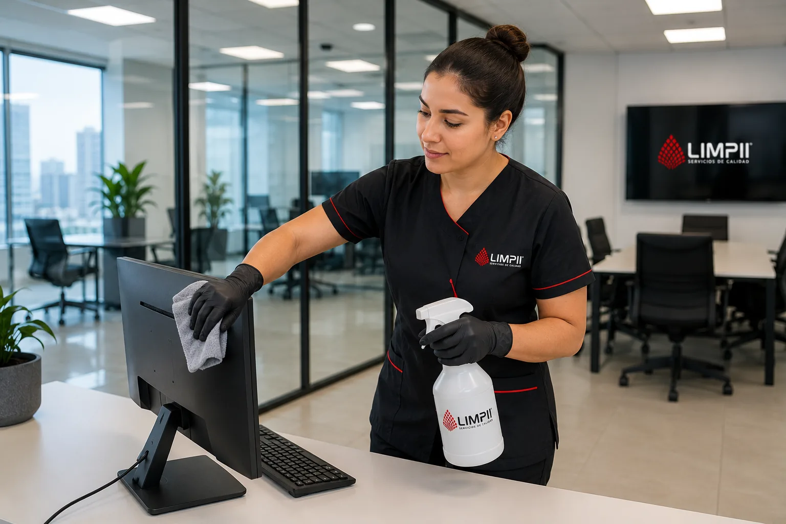 Trabajadora de LIMPII realizando limpieza profesional en una oficina