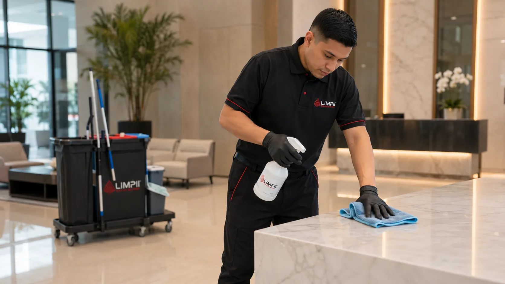 Personal LIMPII realizando limpieza profesional en recepción corporativa
